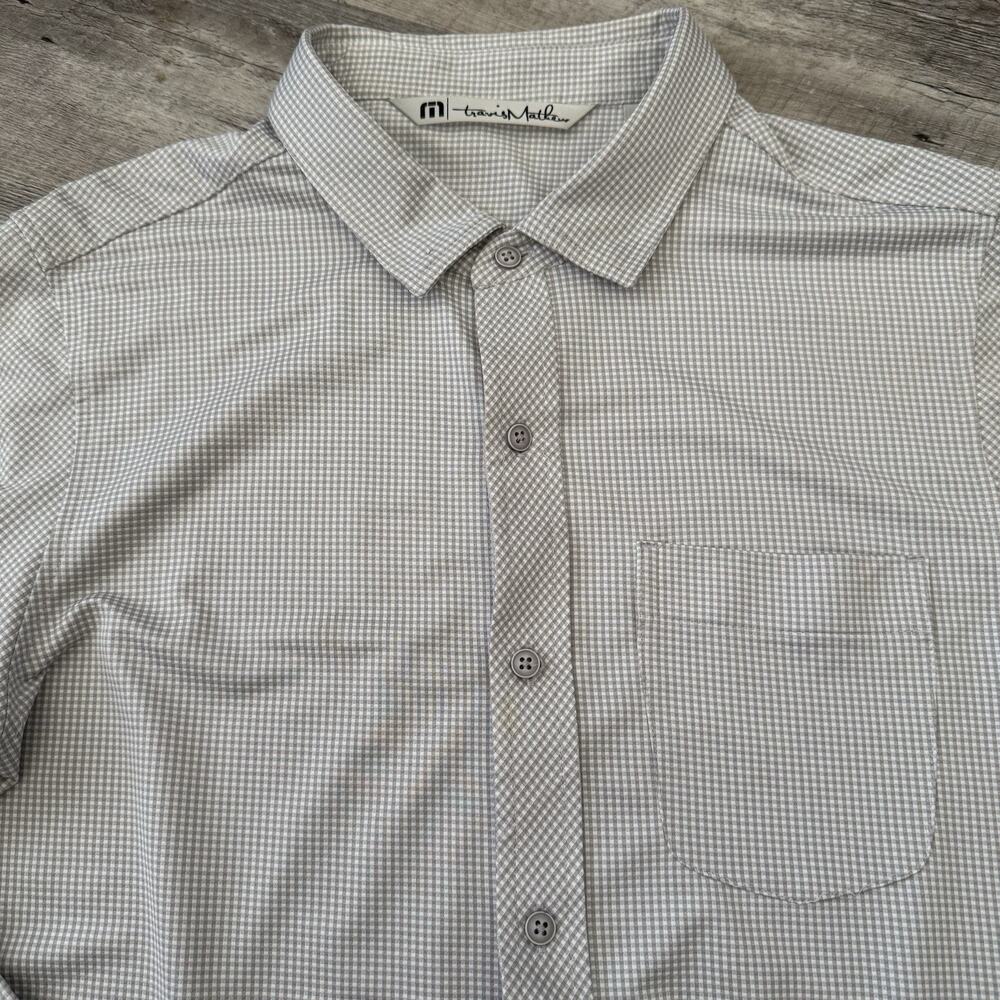 Travis Mathew Knit Button Up Shirt Mens Medium Gray Check Long Sleeve Pocket
